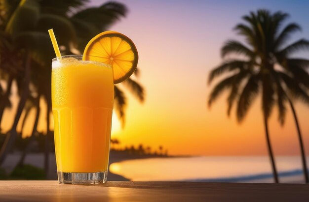 Um copo de suco de laranja com palha e gelo com fatias de laranjeira em fundo de mar e palmeira