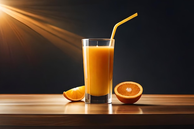 Um copo de suco de laranja com um canudo e meio de laranjas em uma mesa de madeira.