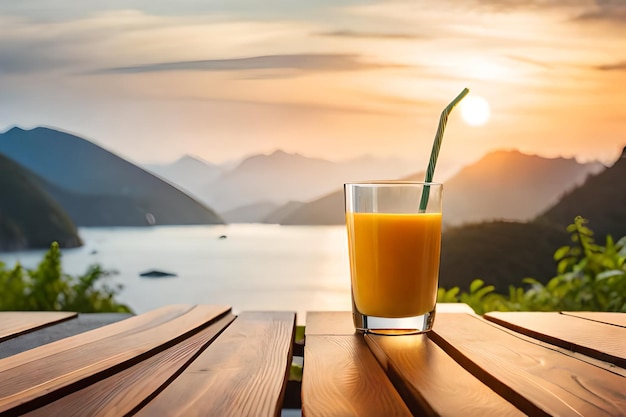 um copo de suco de laranja com um canudo em primeiro plano