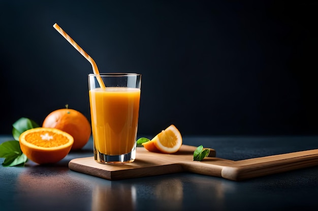 Um copo de suco de laranja com um canudo em uma tábua.