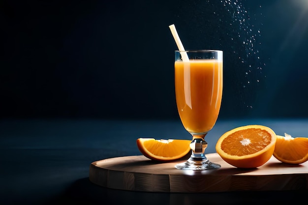 Um copo de suco de laranja com um canudo está sobre uma tábua de madeira.