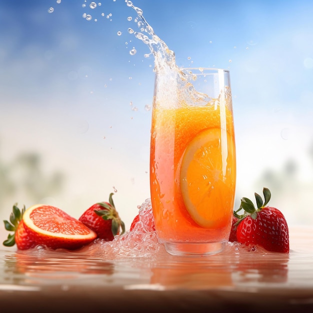 Um copo de suco de laranja com um toque de laranjas e morangos.