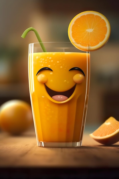 Um copo de suco de laranja com uma carinha sorridente