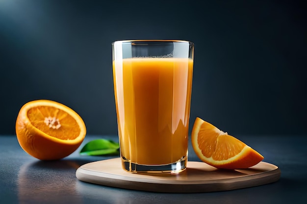 Um copo de suco de laranja com uma fatia de laranja ao lado