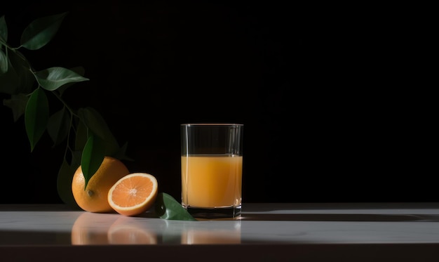 Um copo de suco de laranja com uma folha verde ao lado.