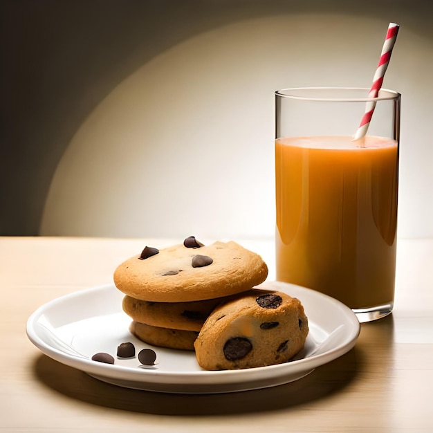 Um copo de suco de laranja com uma pilha de biscoitos de chocolate.