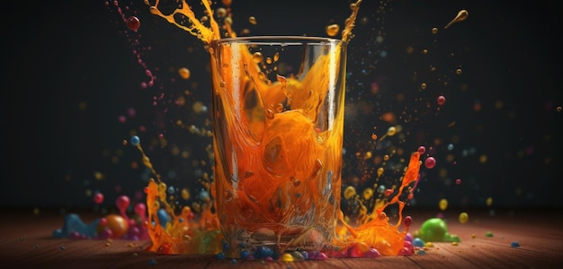 Um copo de suco de laranja é derramado em um copo.