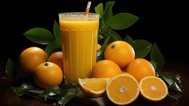 Um copo de suco de laranja e frutos de laranja em fatias isolados sobre um fundo mais escuro