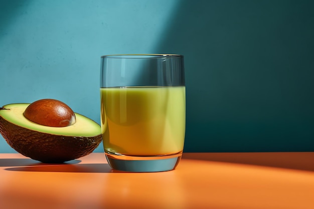 Um copo de suco de laranja e meio abacate em uma mesa