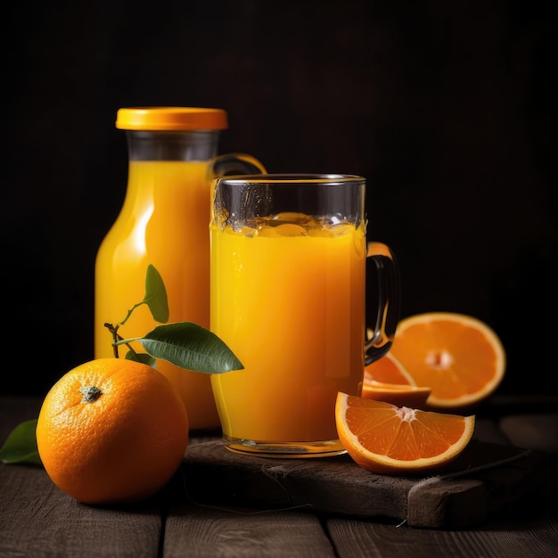 Um copo de suco de laranja e uma garrafa de suco de laranja estão sobre a mesa.