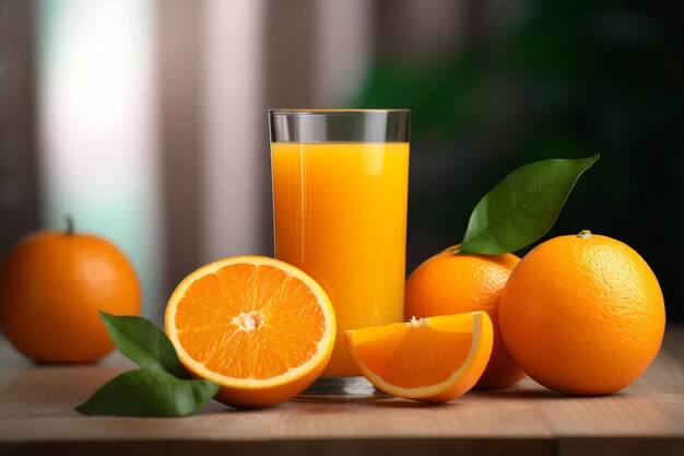 Um copo de suco de laranja em close-up em um fundo desfocado com laranjas