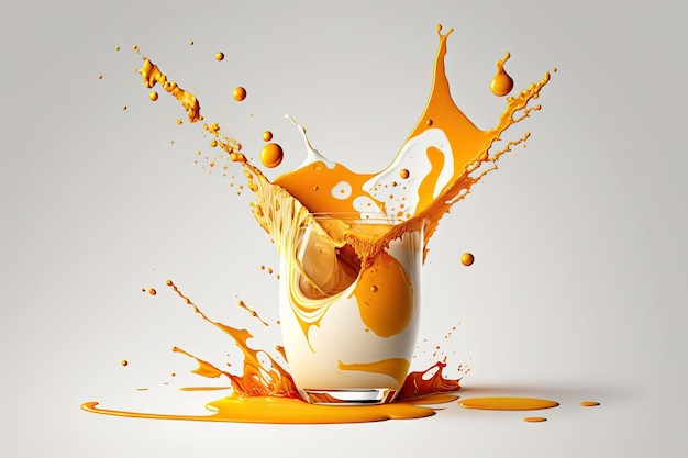 Um copo de suco de laranja espirra sobre um fundo branco