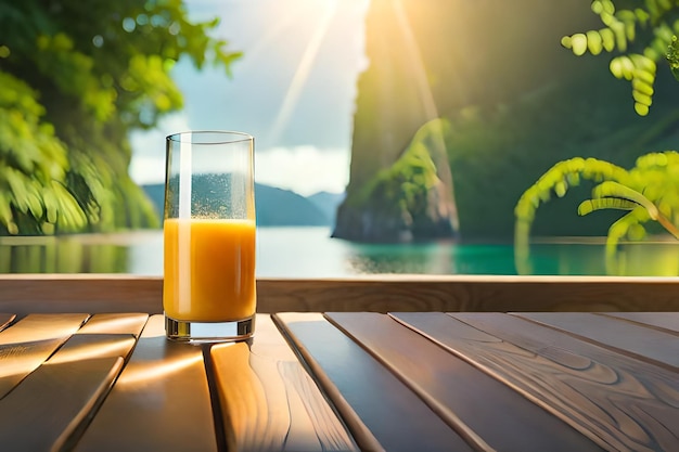 um copo de suco de laranja está sobre uma mesa ao lado de um lago.