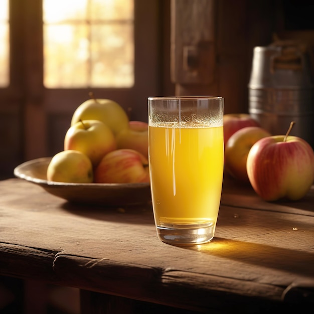 Um copo de suco de laranja está sobre uma mesa ao lado de uma tigela de maçãs.