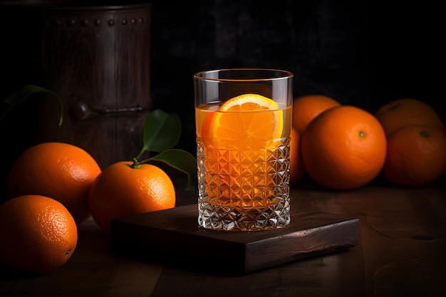 Um copo de suco de laranja está sobre uma mesa de madeira com laranjas.