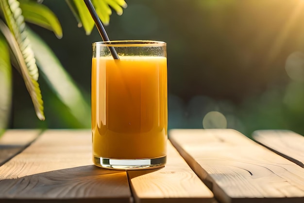 Foto um copo de suco de laranja está sobre uma mesa de madeira.