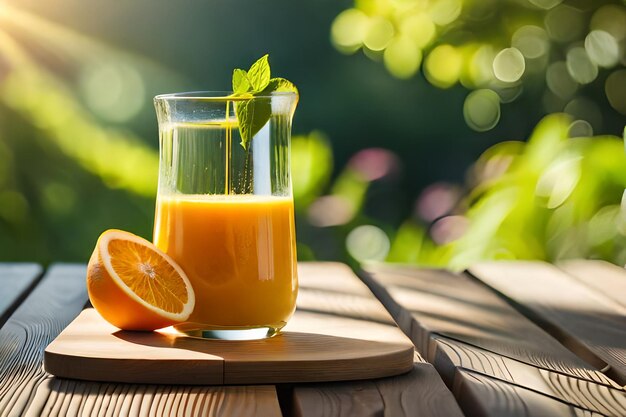 um copo de suco de laranja está sobre uma mesa de madeira.