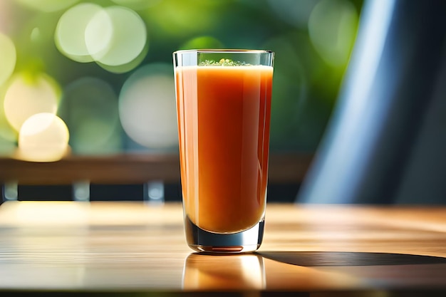 Um copo de suco de laranja está sobre uma mesa em frente a uma janela.