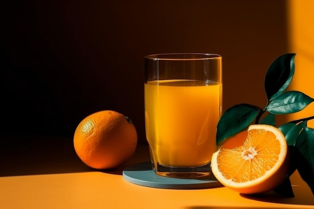 Um copo de suco de laranja fica ao lado de meia laranja.