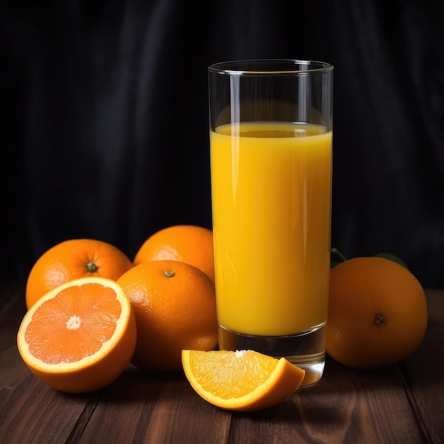 Um copo de suco de laranja fica ao lado de um cacho de laranjas.