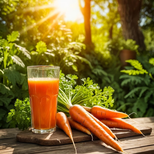 Um copo de suco de laranja fica ao lado de um monte de cenouras em uma mesa de madeira em um jardim