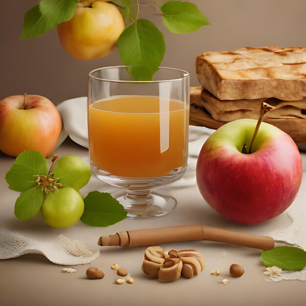 Foto um copo de suco de laranja fica ao lado de um prato de comida