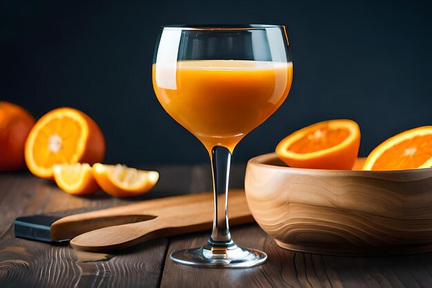 Um copo de suco de laranja fica ao lado de uma tigela de madeira com rodelas de laranja.