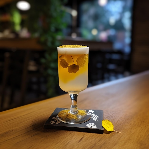 Um copo de suco de laranja fica em um guardanapo sobre uma mesa