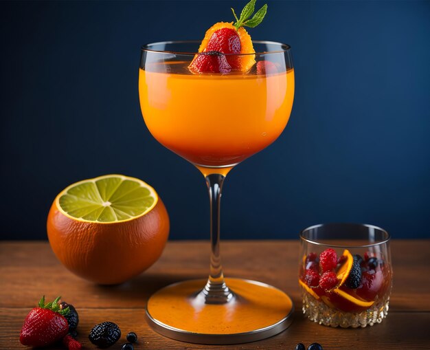 Um copo de suco de laranja na mesa