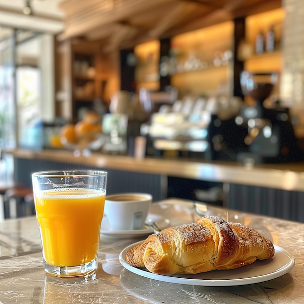 Foto um copo de suco de laranja sentado em uma mesa ao lado de um croissant