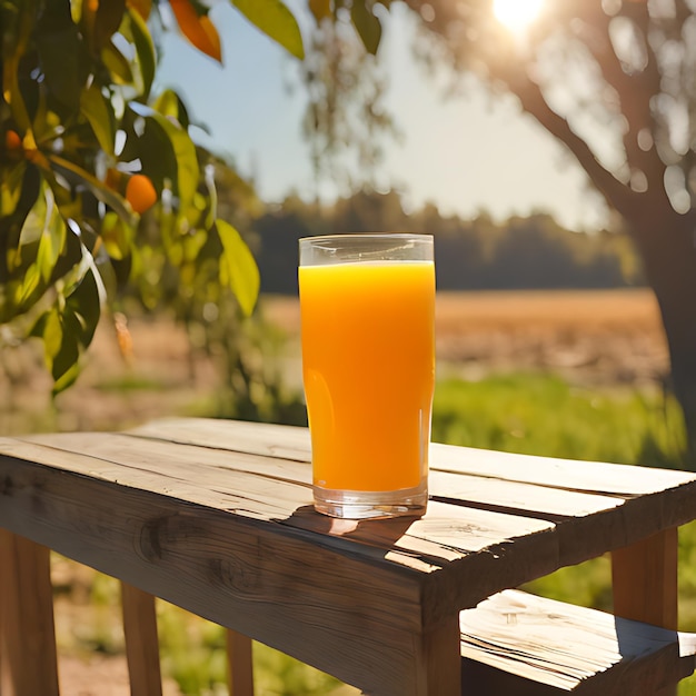 um copo de suco de laranja sentado em uma mesa de madeira