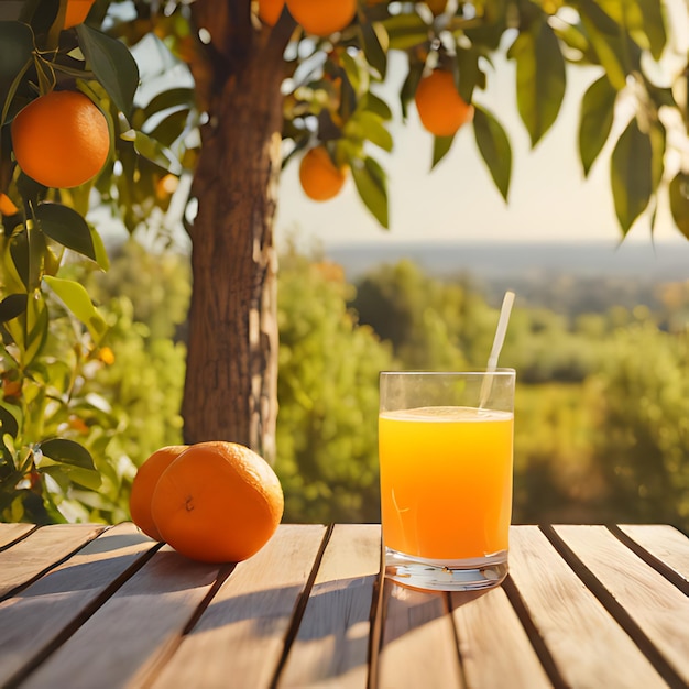 um copo de suco de laranja sentado em uma mesa de madeira