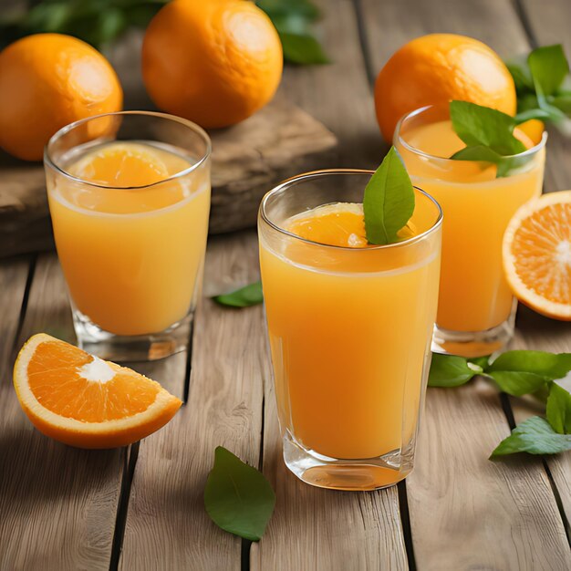 um copo de suco de laranja sentado em uma mesa de madeira