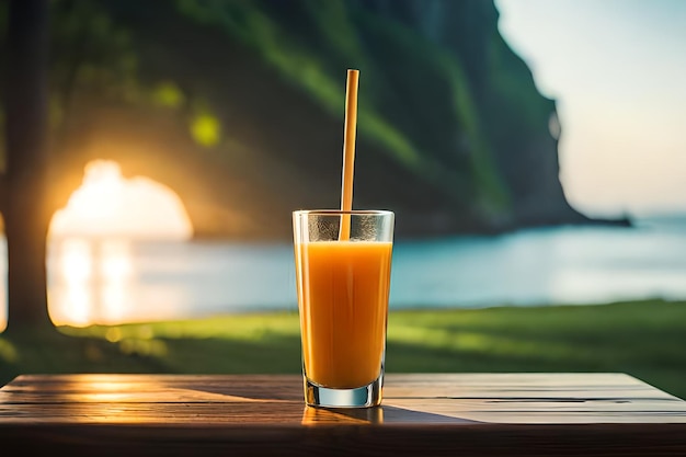 Um copo de suco de laranja sobre uma mesa com o pôr do sol ao fundo.