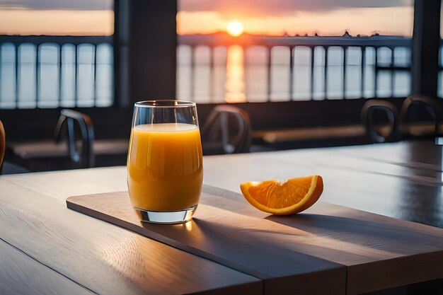 Um copo de suco de laranja sobre uma mesa com o pôr do sol ao fundo.