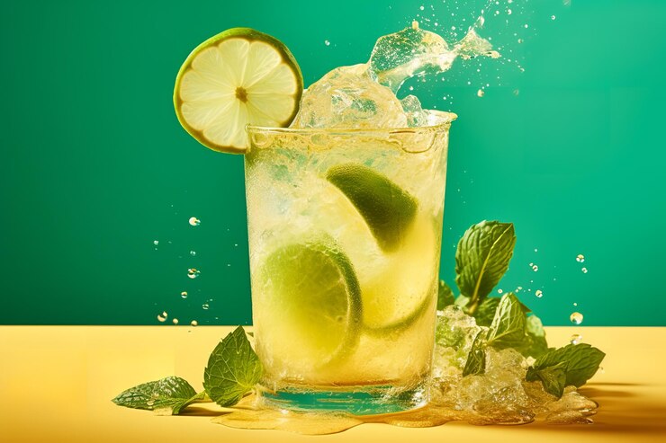 Foto um copo de suco de limão com limão e cubos de gelo