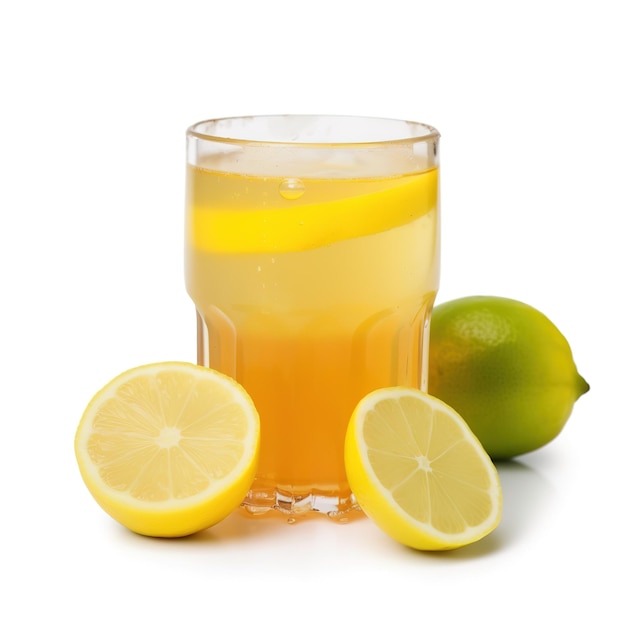 Um copo de suco de limão com limões e um limão ao lado.