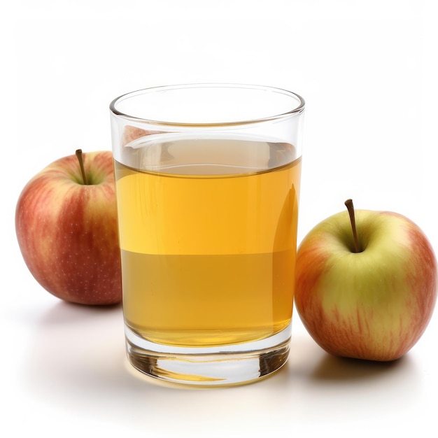Um copo de suco de maçã ao lado de duas maçãs.