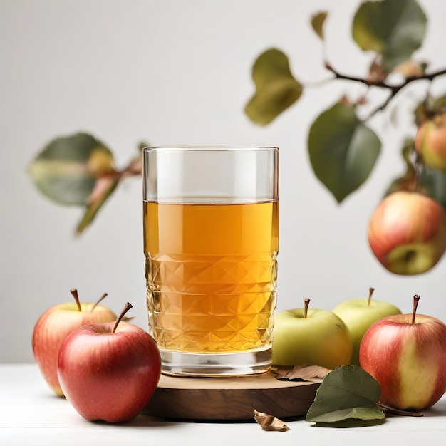 Um copo de suco de maçã cercado por maçãs e folhas em uma mesa redonda de madeira em fundo branco