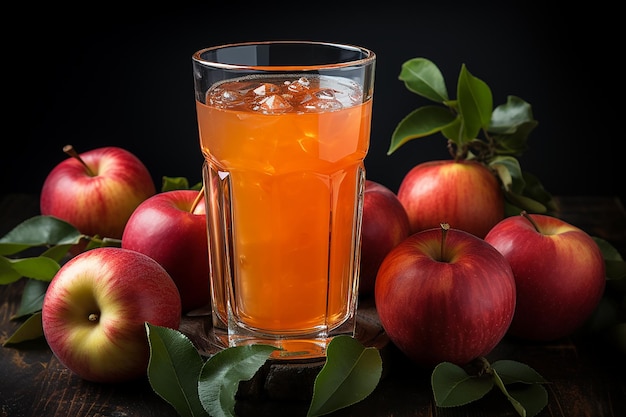 Um copo de suco de maçã cercado por maçãs vermelhas