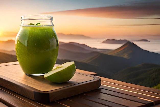 Um copo de suco de maçã com uma colher ao lado