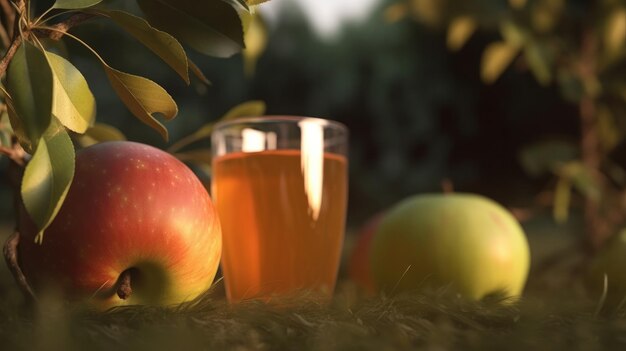 Um copo de suco de maçã está na grama ao lado de um copo de suco de maçã.