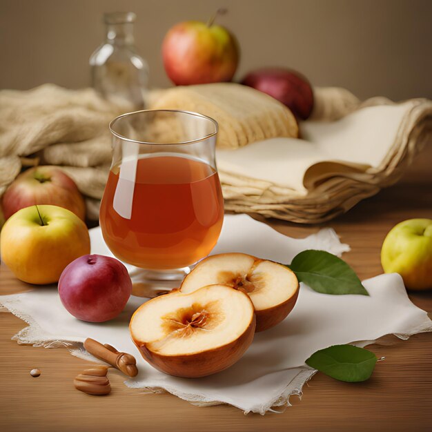 Foto um copo de suco de maçã senta-se em uma mesa ao lado de algumas maçãs e uma garrafa de suco de maçã