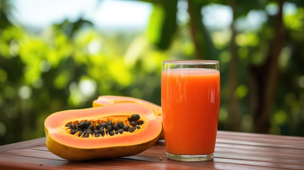 um copo de suco de mamão acompanhado de um mamão fresco em uma mesa de madeira