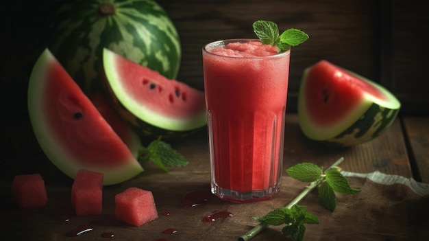 Um copo de suco de melancia com folhas de hortelã em cima da mesa