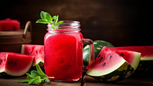 Um copo de suco de melancia com folhas de hortelã em uma mesa de madeira