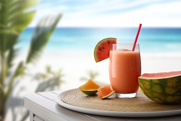 Um copo de suco de melancia em uma mesa com fundo de praia