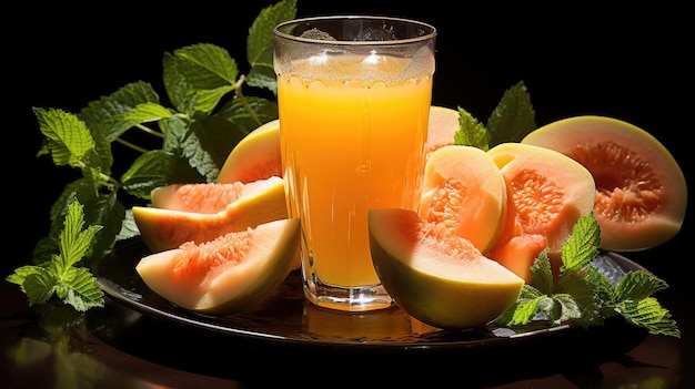 Um copo de suco de melão e frutas em fatias isoladas em fundo mais escuro