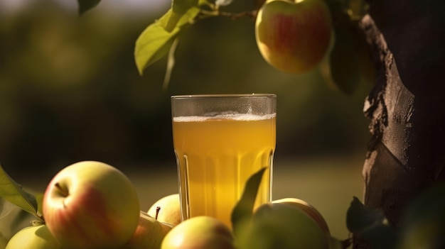 Um copo de suco de pêssego fica em um galho de uma árvore com um cacho de pêssegos ao fundo.