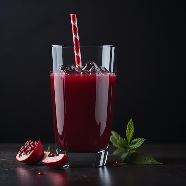 Um copo de suco de romã com um canudo vermelho e branco.